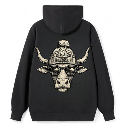 Fort Worth Longhorn wearing Fort Worth beanie with pom pom and wayfarer - Classic Pullover Hoodie - Black