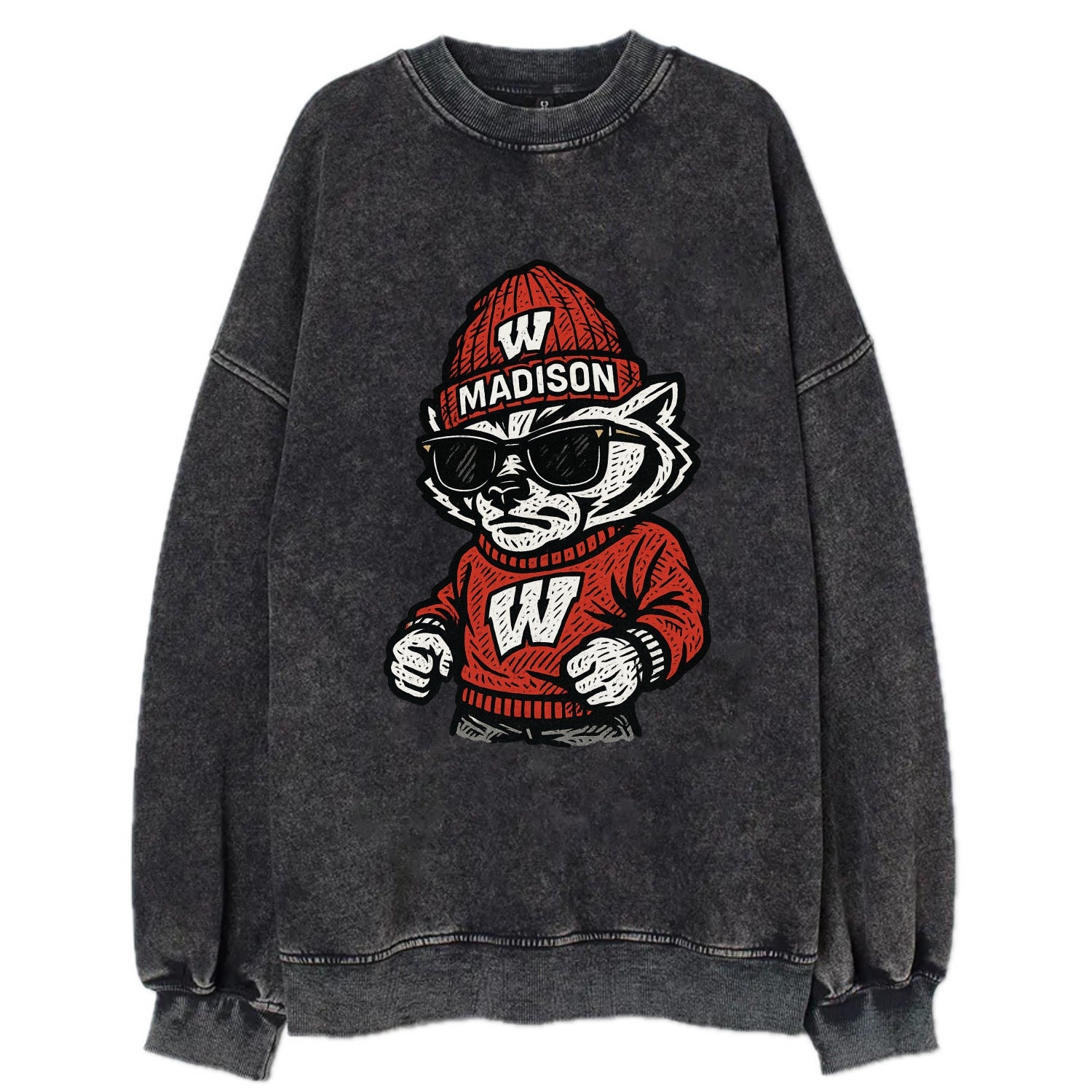Madison Badger wearing Wisconsin beanie with motion W patch - Vintage Sweatshirt - Black