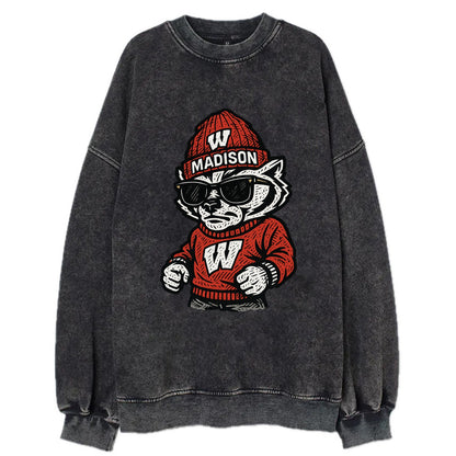 Madison Badger wearing Wisconsin beanie with motion W patch - Vintage Sweatshirt - Black