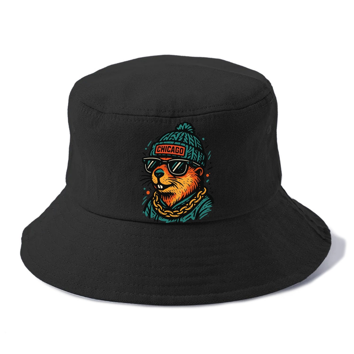 Illinois Prairie Dog wearing Chicago beanie with pom pom and wayfarer sunglasses - Bucket Hat - Black