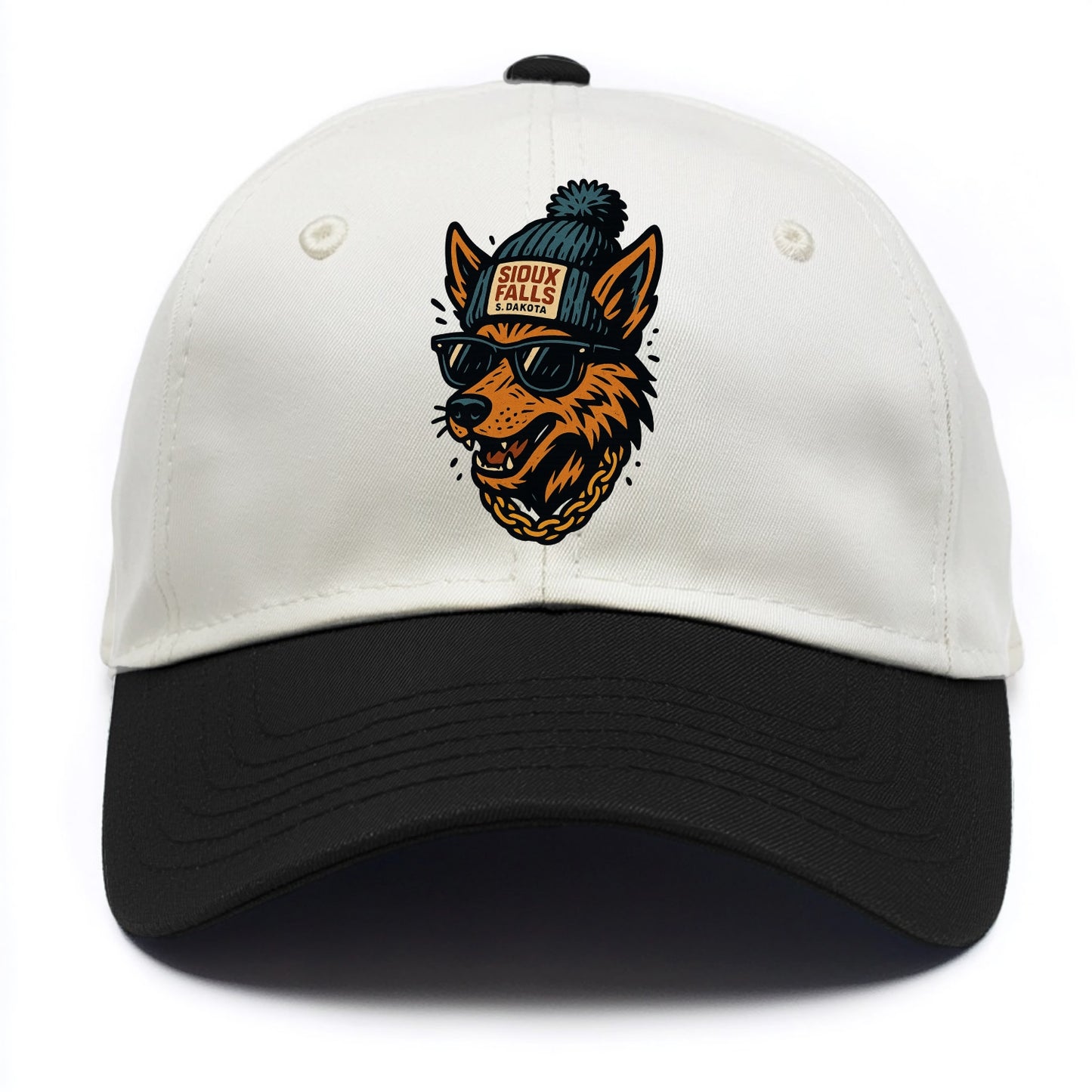 South Dakota Coyote wearing Sioux Falls beanie with pom pom and wayfarer sunglasses - Two Tone Cap - Black