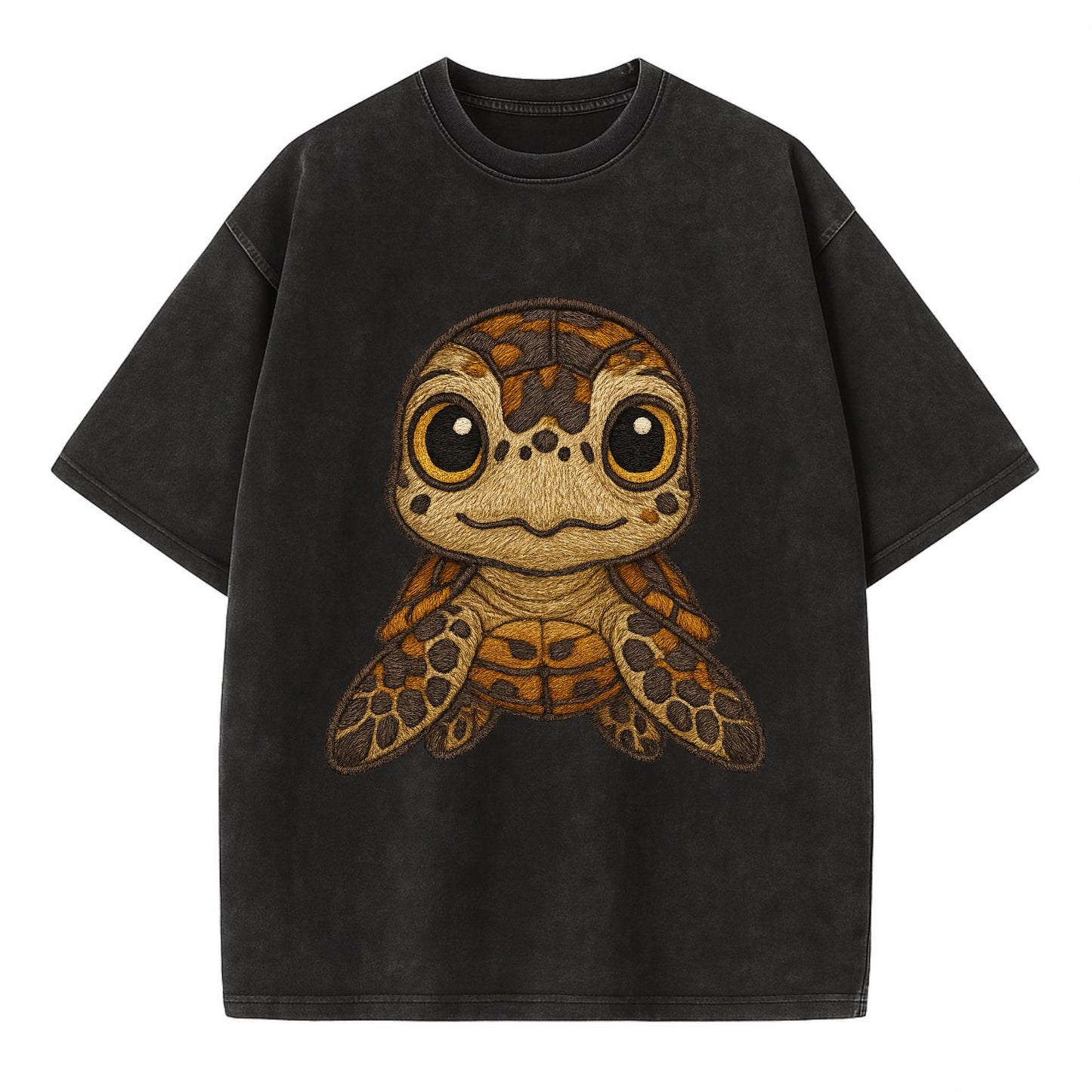 Baby Hawksbill Turtle - amber and brown shell pattern, curious golden eyes, - Vintage T-shirt - Black
