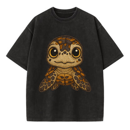 Baby Hawksbill Turtle - amber and brown shell pattern, curious golden eyes, - Vintage T-shirt - Black