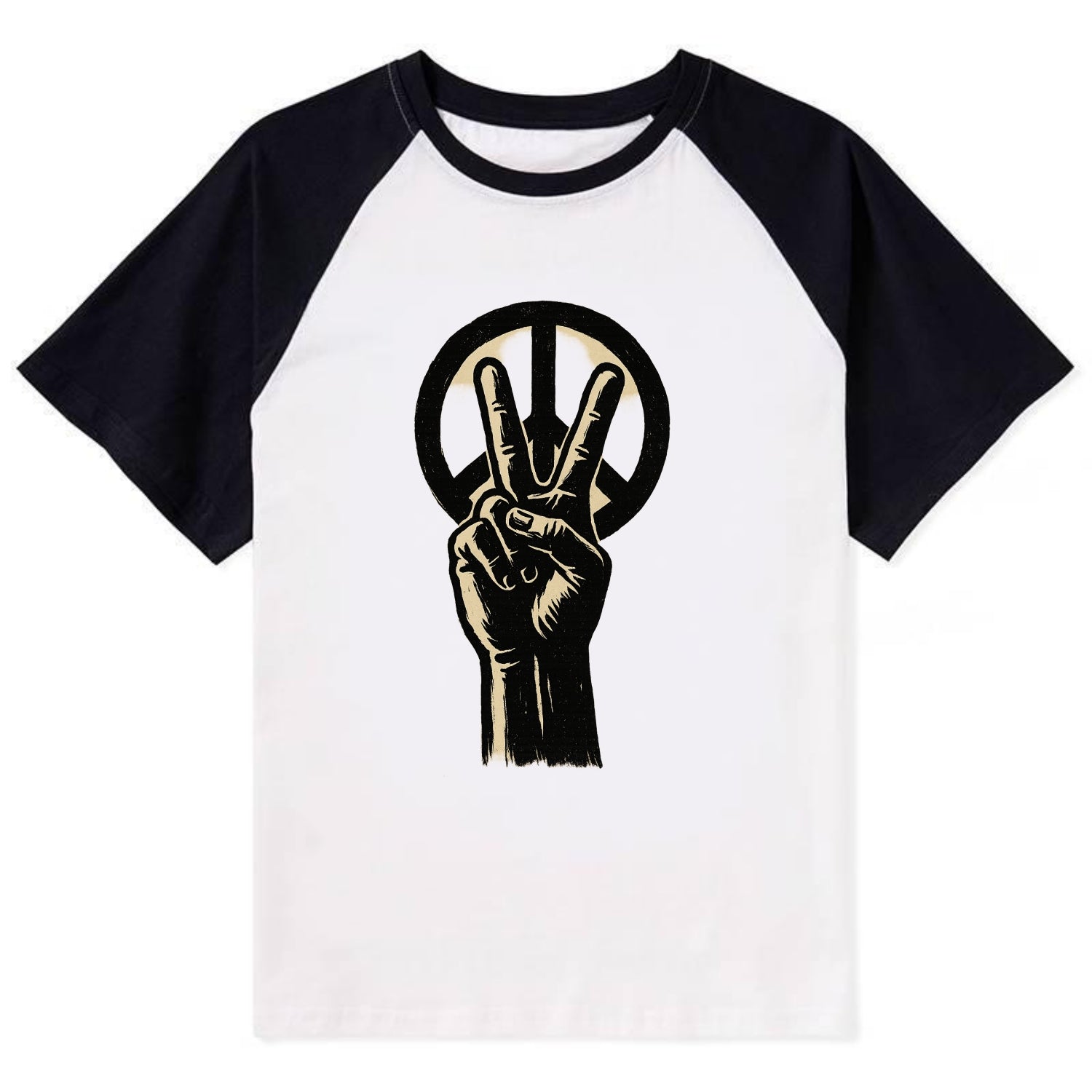 Peace sign hand gesture - anti-war movement ink brushstrokes - Contrast Raglan T-shirt - Black