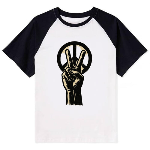 Peace sign hand gesture - anti-war movement ink brushstrokes - Contrast Raglan T-shirt