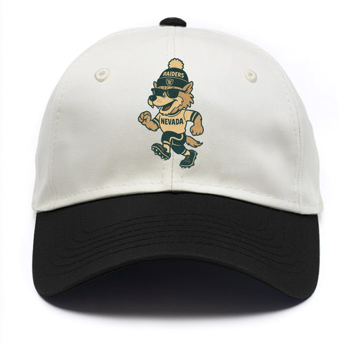 Nevada Wolf wearing Raiders beanie with outlaw patch and wayfarer sunglasses - Two Tone Cap