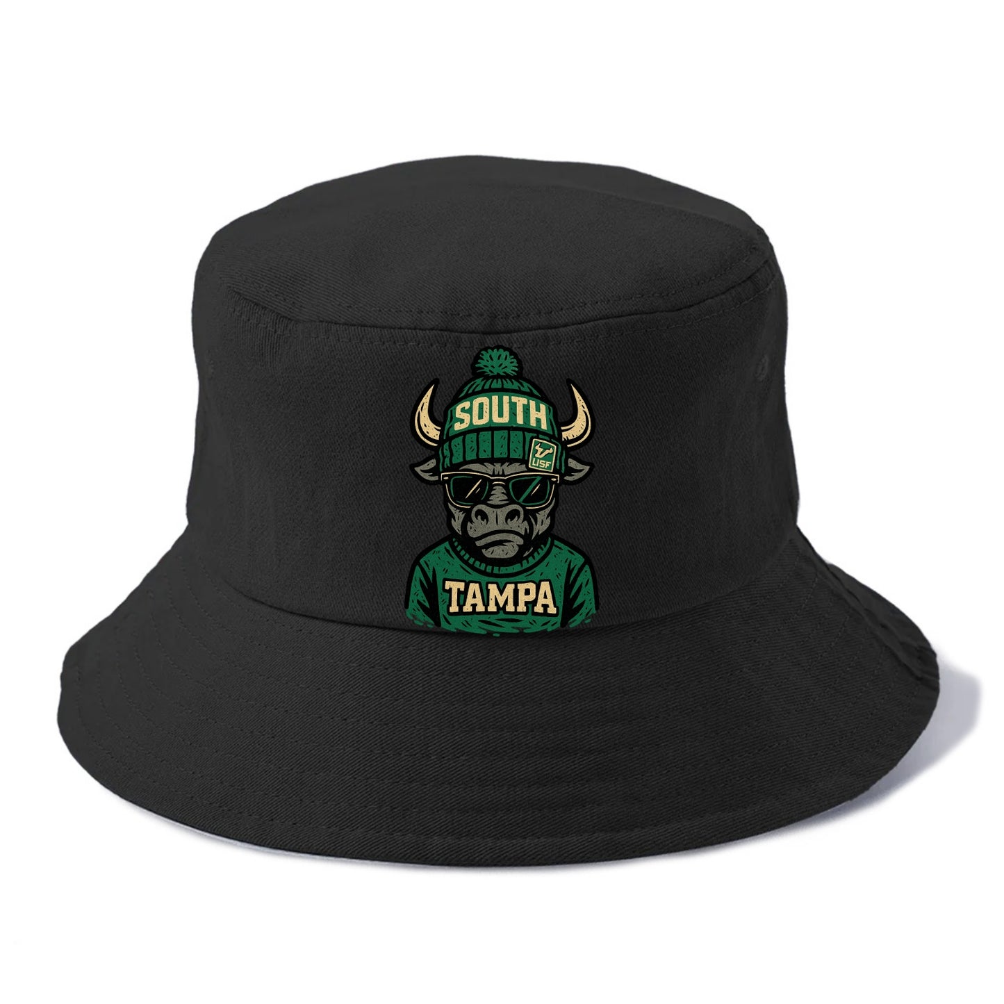 Tampa Bull wearing South Florida beanie with USF patch - Bucket Hat - Black