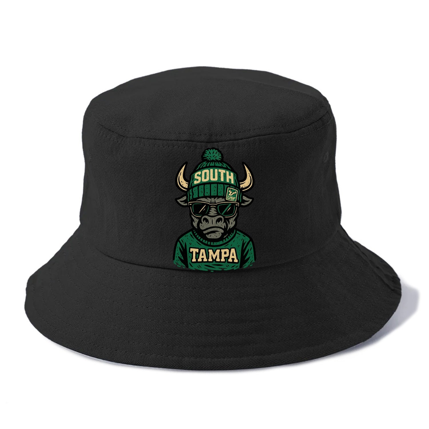 Tampa Bull wearing South Florida beanie with USF patch - Bucket Hat - Black