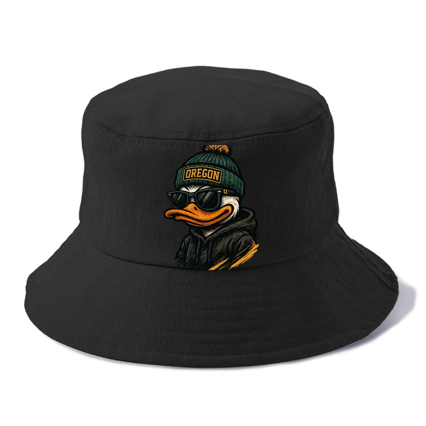 Eugene Duck wearing Oregon beanie with O patch - Bucket Hat - Black