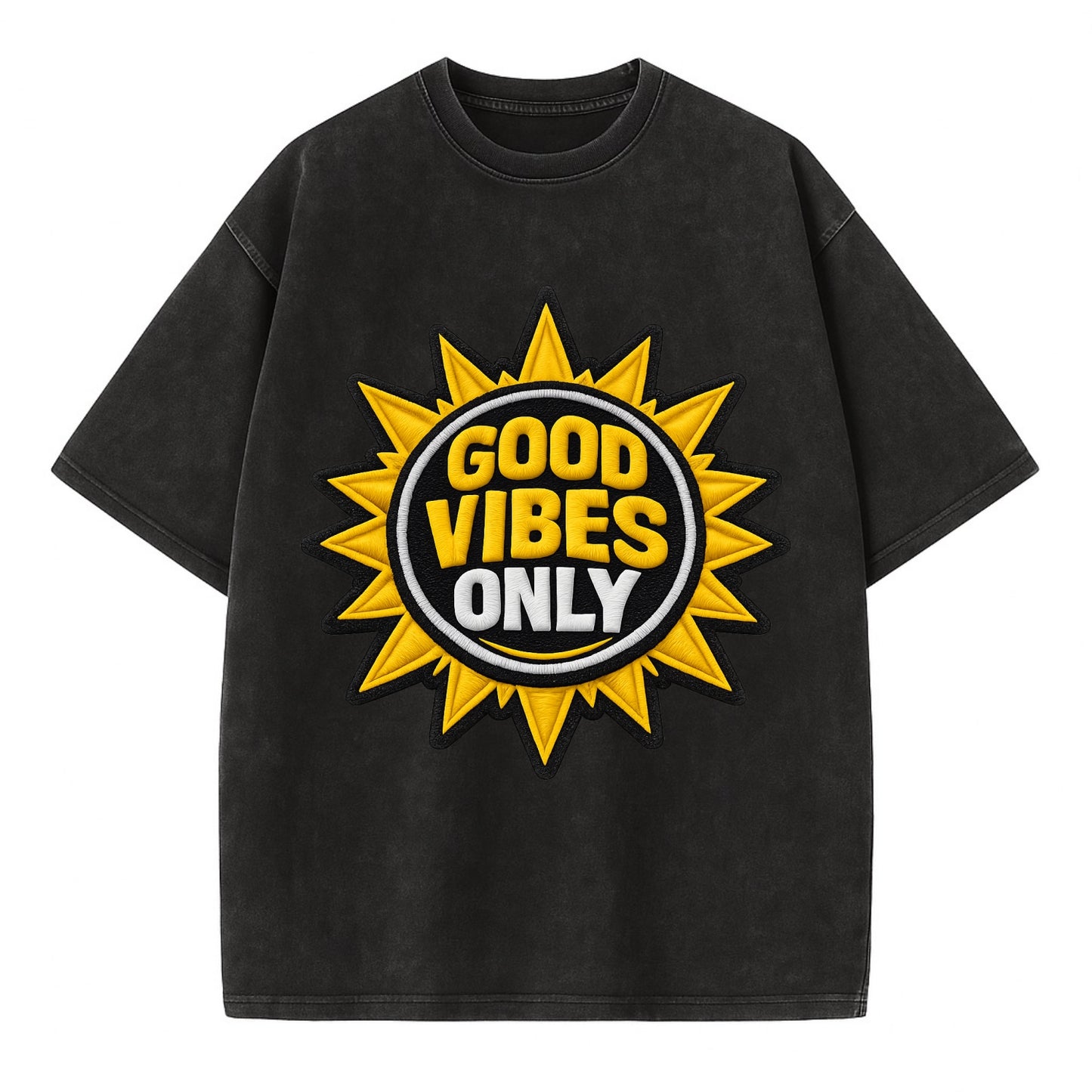 GOOD VIBES ONLY - sun with text in yellow , positive energy - Vintage T-shirt - Black