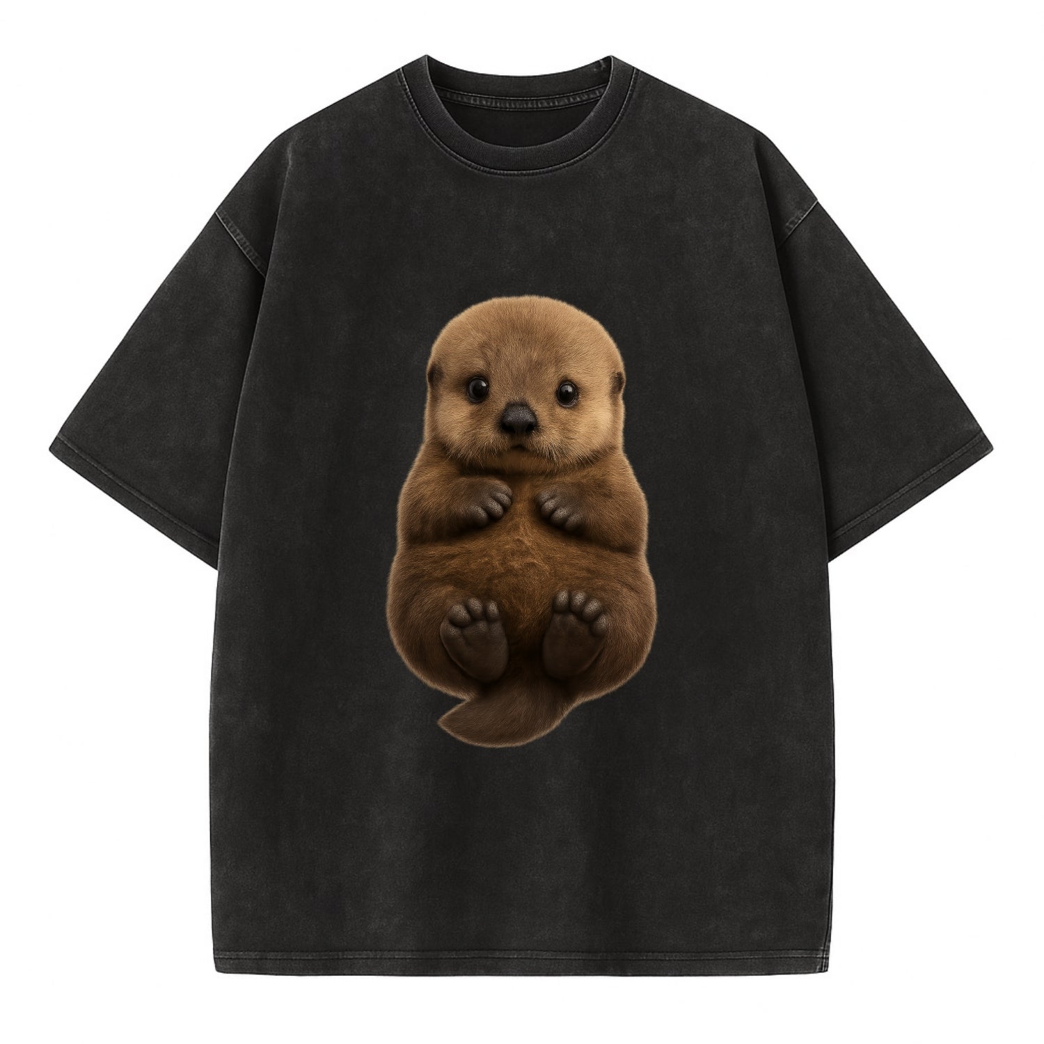 Baby Sea Otter - brown fluffy, floating on back, tiny paws, bright eyes, - Vintage T-shirt - Black