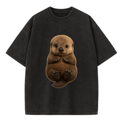 Baby Sea Otter - brown fluffy, floating on back, tiny paws, bright eyes, - Vintage T-shirt - Black