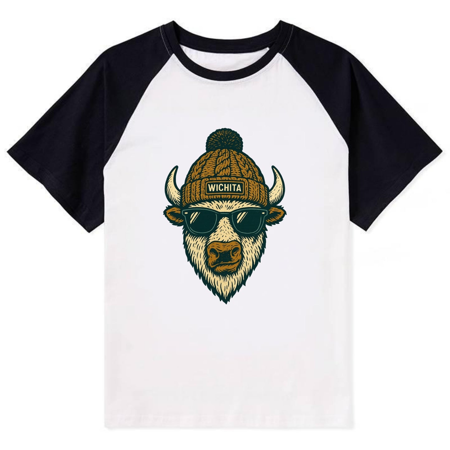 Kansas American Bison wearing Wichita beanie with pom pom and wayfarer - Contrast Raglan T-shirt - Black