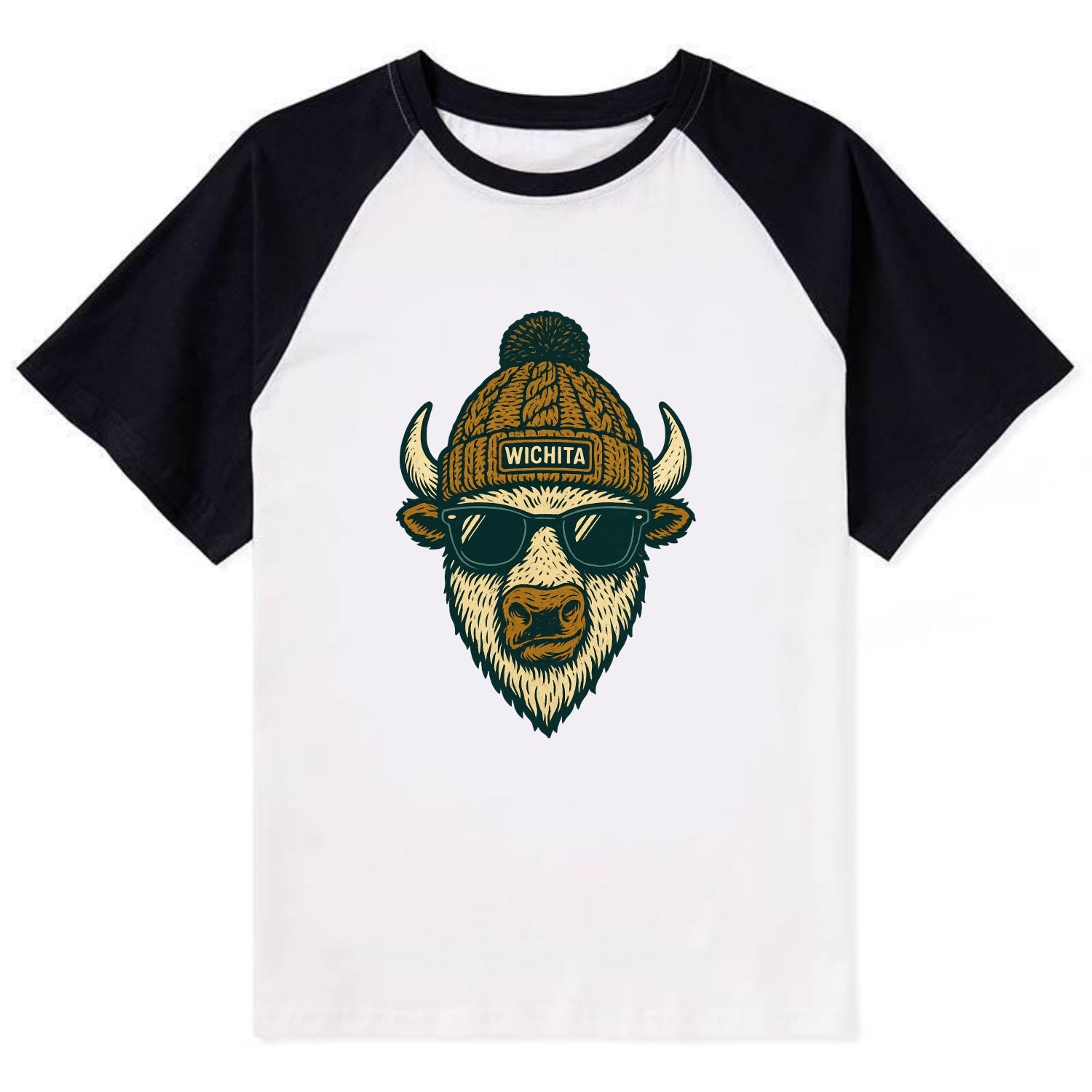 Kansas American Bison wearing Wichita beanie with pom pom and wayfarer - Contrast Raglan T-shirt - Black