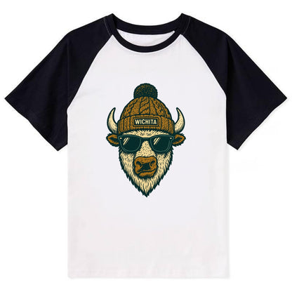 Kansas American Bison wearing Wichita beanie with pom pom and wayfarer - Contrast Raglan T-shirt - Black
