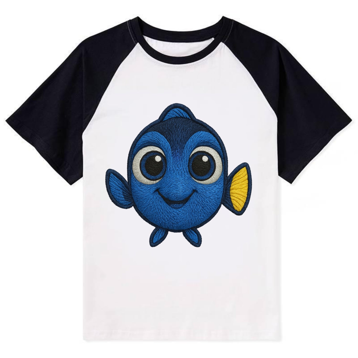 Baby Blue Tang - bright blue with yellow tail, big eyes, front-facing, - Contrast Raglan T-shirt - Black