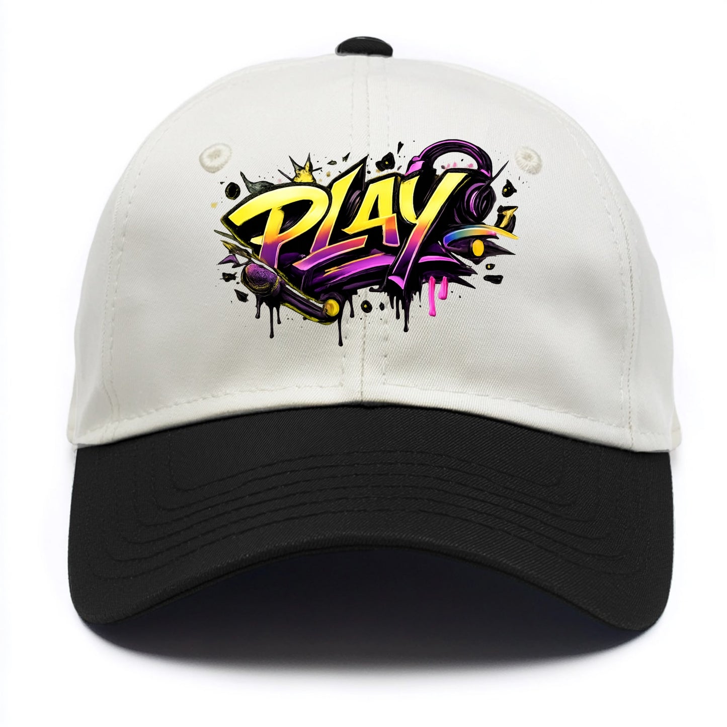 Bold typography design - "PLAY" - creative expression, musical performance - Two Tone Cap - Black