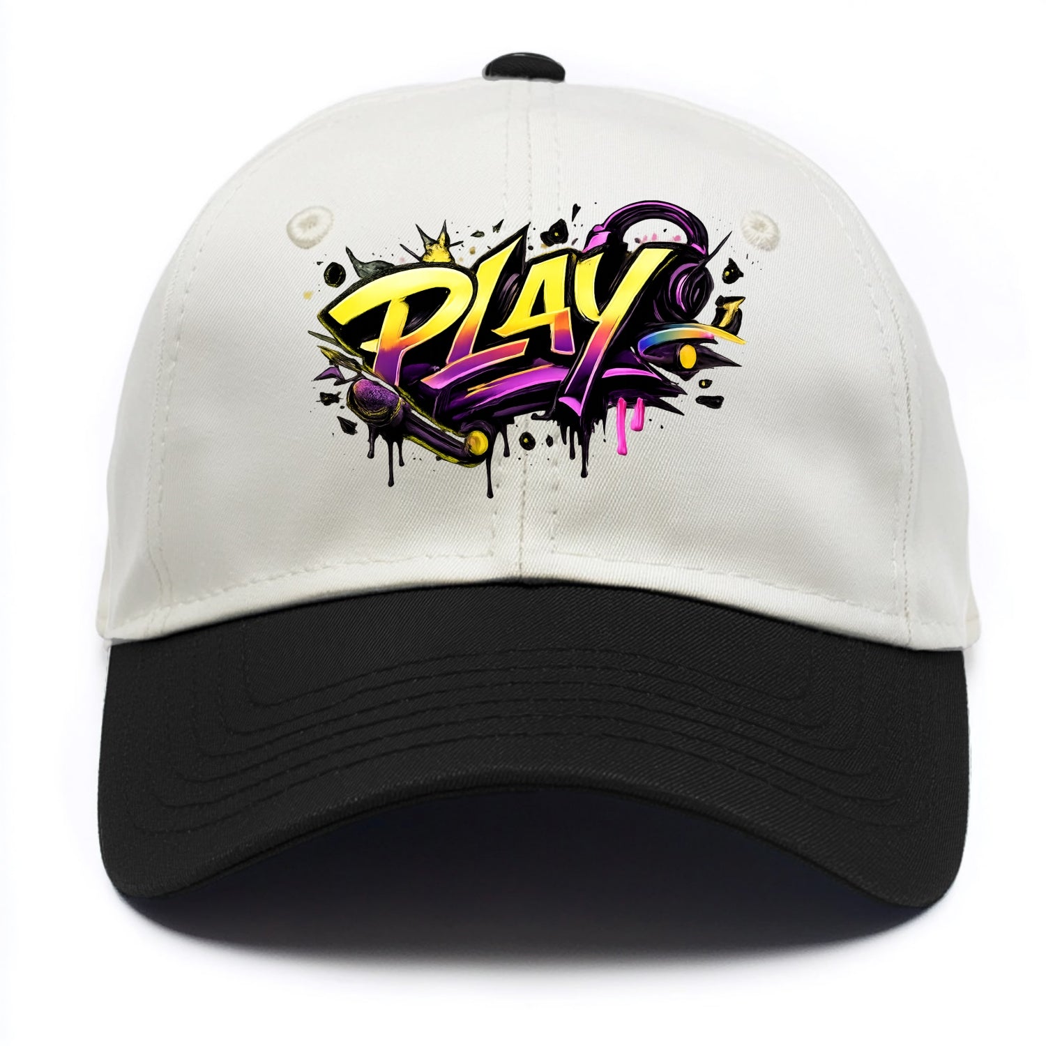Bold typography design - "PLAY" - creative expression, musical performance - Two Tone Cap - Black