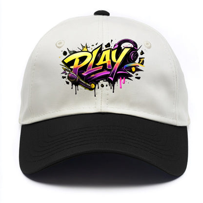 Bold typography design - "PLAY" - creative expression, musical performance - Two Tone Cap - Black