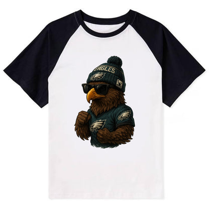 Philly Hawk wearing Eagles beanie with Rocky patch and wayfarer sunglasses - Contrast Raglan T-shirt - Black