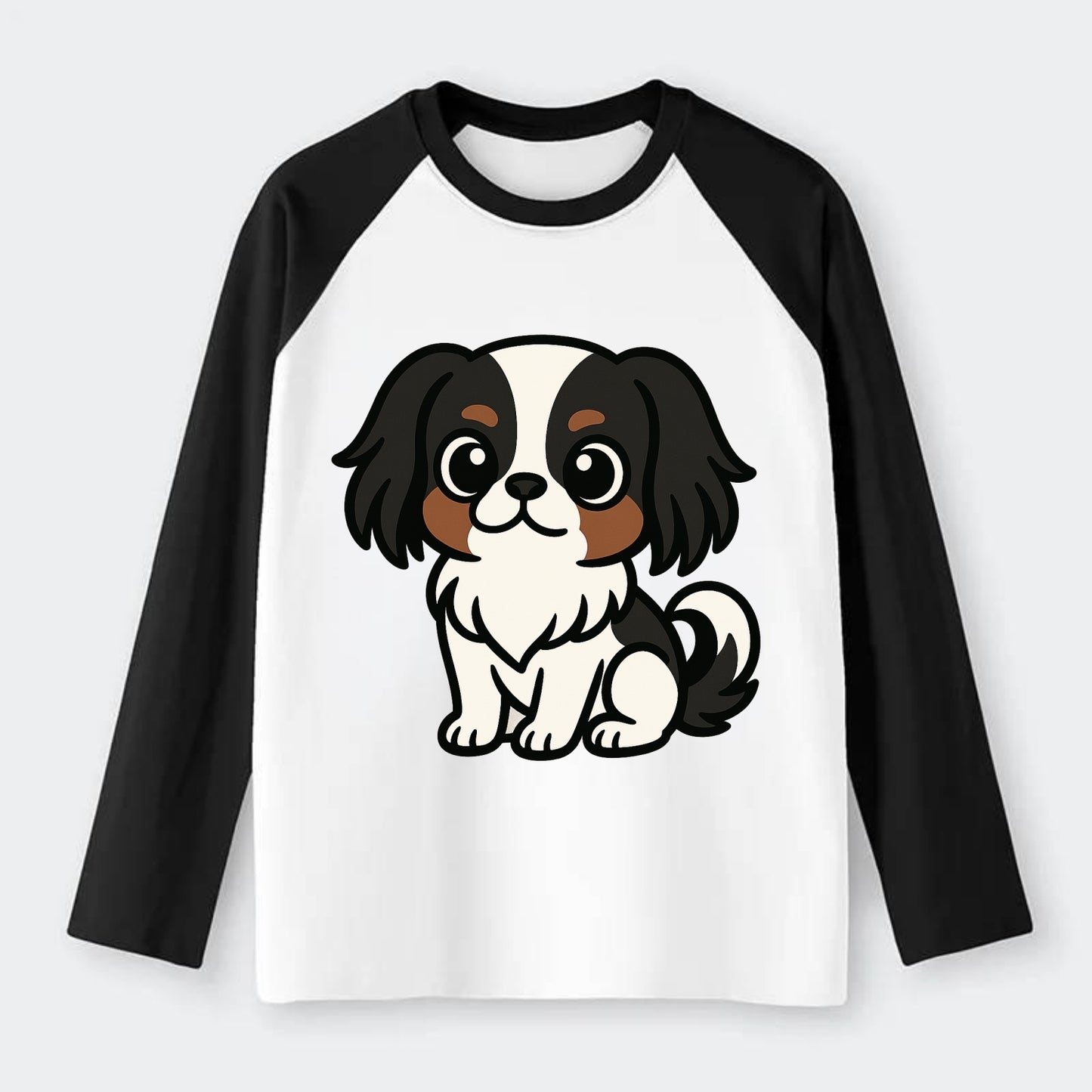 Japanese Chin - Black and white sitting pose - Raglan Long Sleeve T-Shirt - Black