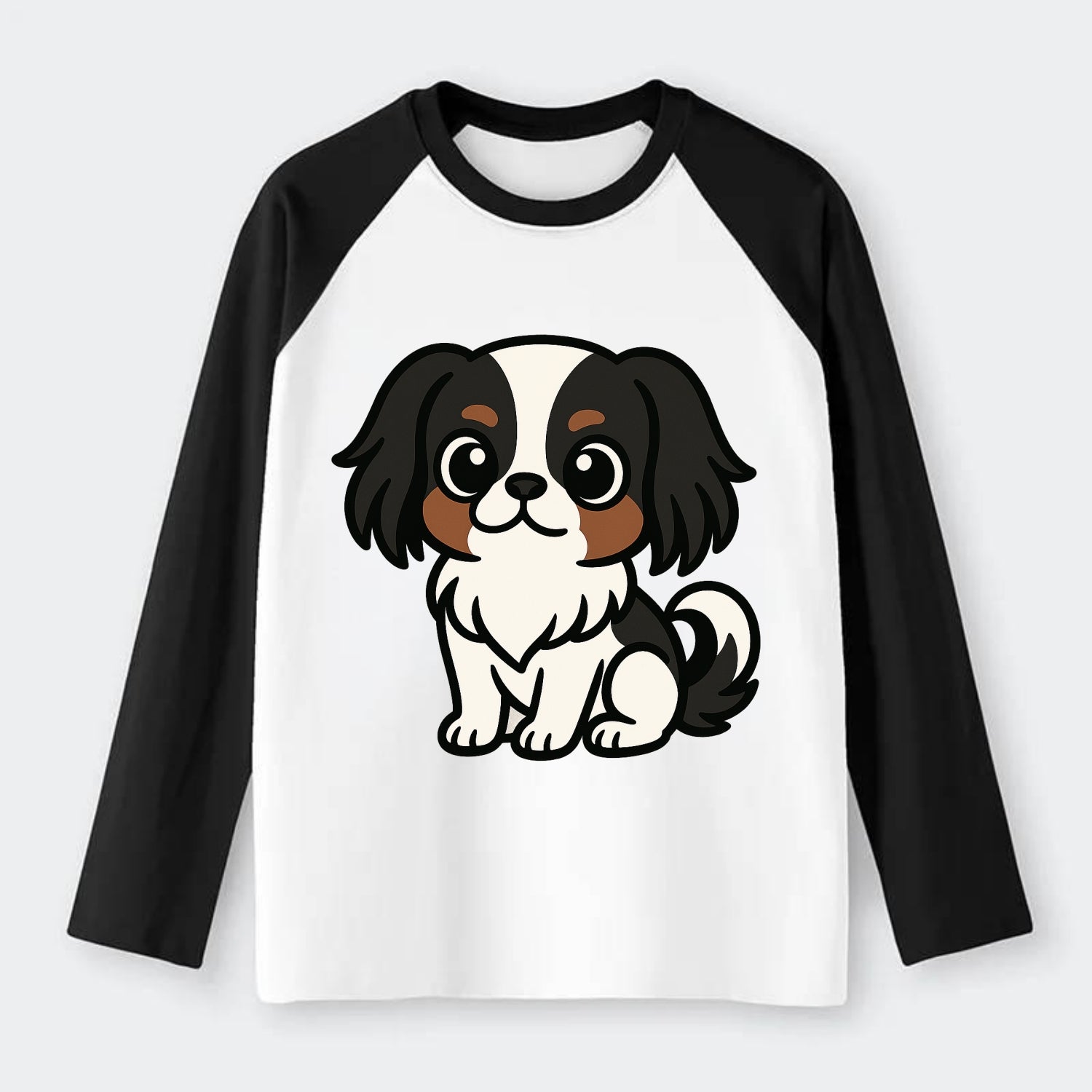 Japanese Chin - Black and white sitting pose - Raglan Long Sleeve T-Shirt - Black
