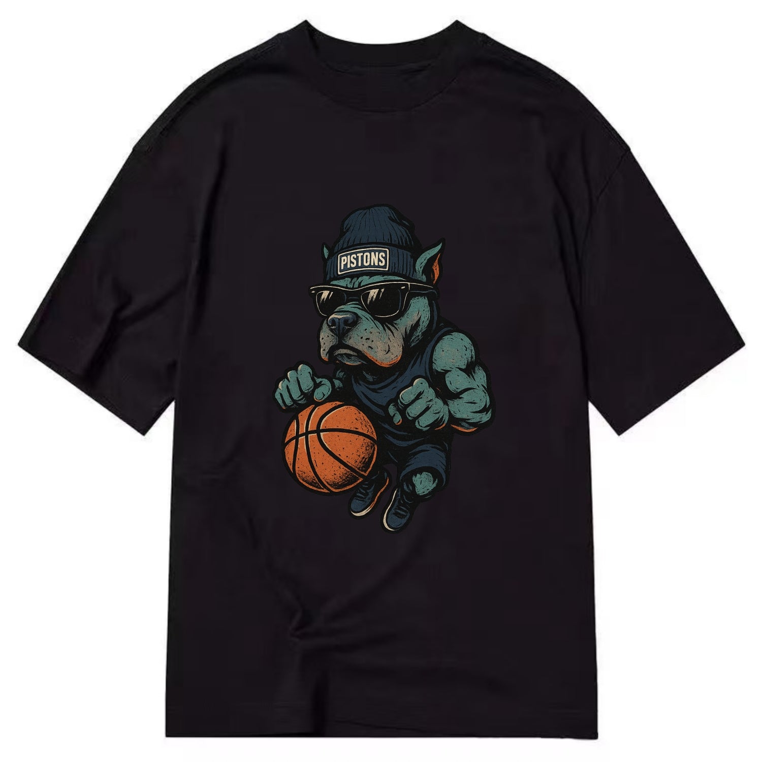 Detroit Pitbull wearing Pistons beanie with chrome patch and wayfarer sunglasses - Classic T-shirt - Black