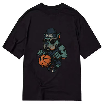 Detroit Pitbull wearing Pistons beanie with chrome patch and wayfarer sunglasses - Classic T-shirt - Black