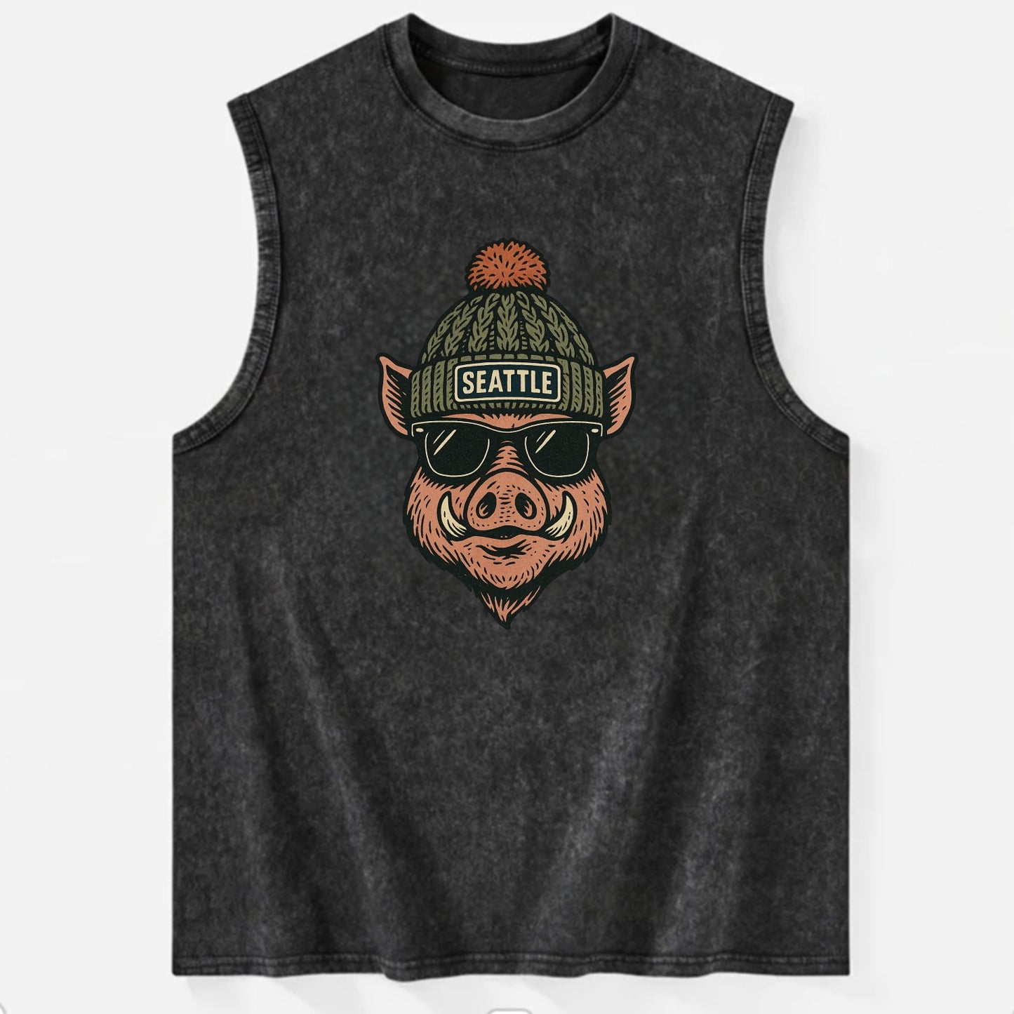 Washington Hog wearing Seattle beanie with pom pom and wayfarer sunglasses - Vintage Washed Tank - Black