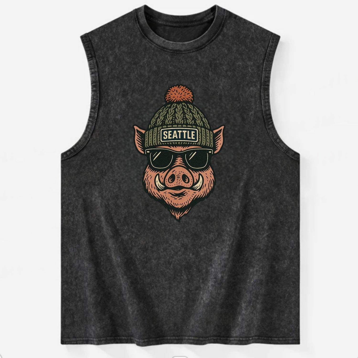 Washington Hog wearing Seattle beanie with pom pom and wayfarer sunglasses - Vintage Washed Tank - Black