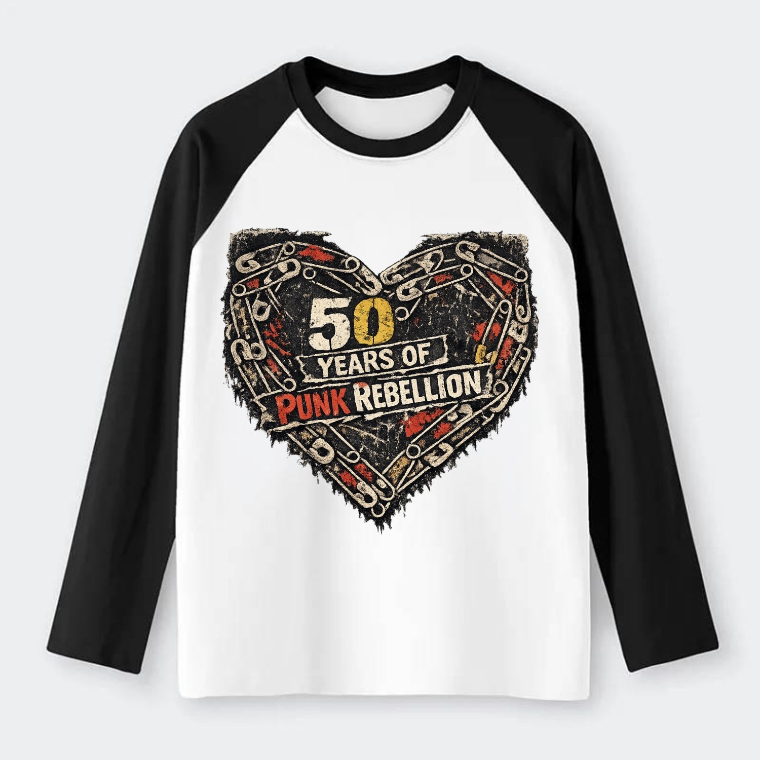 SAFETY PIN LOVE | Heart made of safety pins | Punk romance | DIY - Raglan Long Sleeve T-Shirt - Black