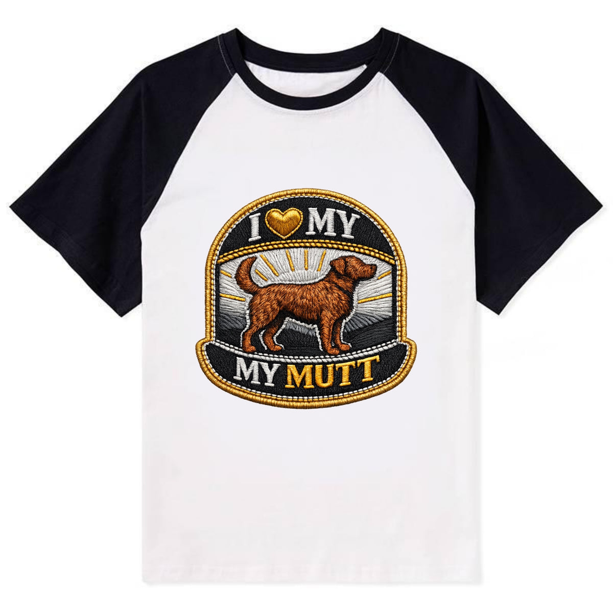 I LOVE MY MUTT - mixed breed silhouette in brown , rescue pride - Contrast Raglan T-shirt - Black
