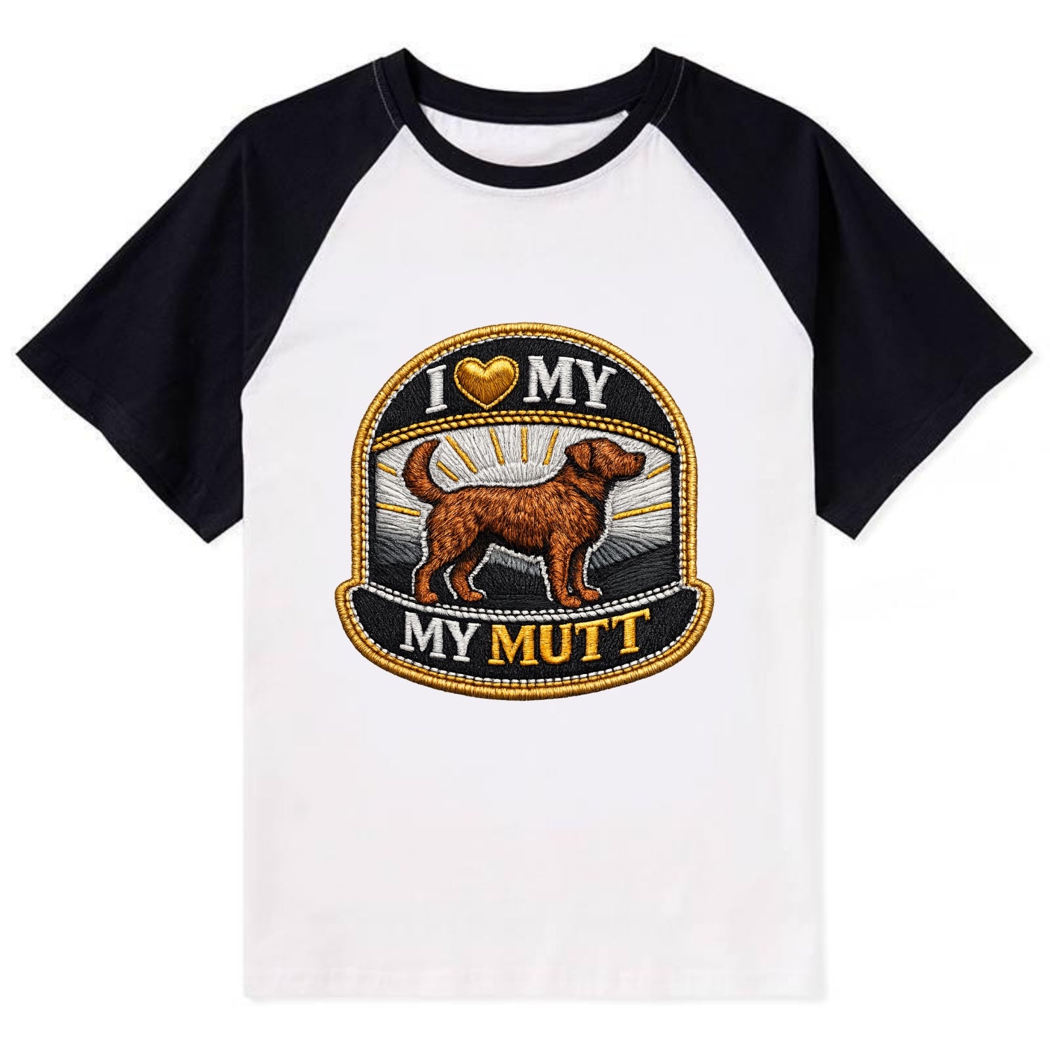 I LOVE MY MUTT - mixed breed silhouette in brown , rescue pride - Contrast Raglan T-shirt - Black