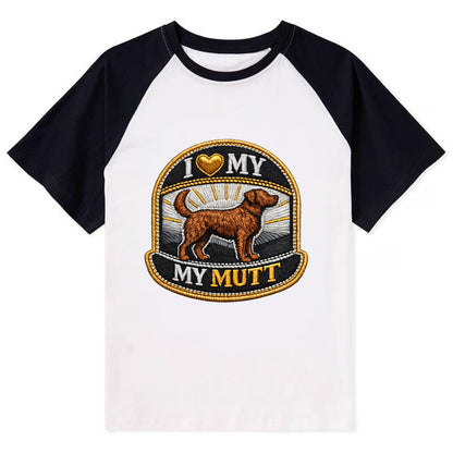 I LOVE MY MUTT - mixed breed silhouette in brown , rescue pride - Contrast Raglan T-shirt - Black
