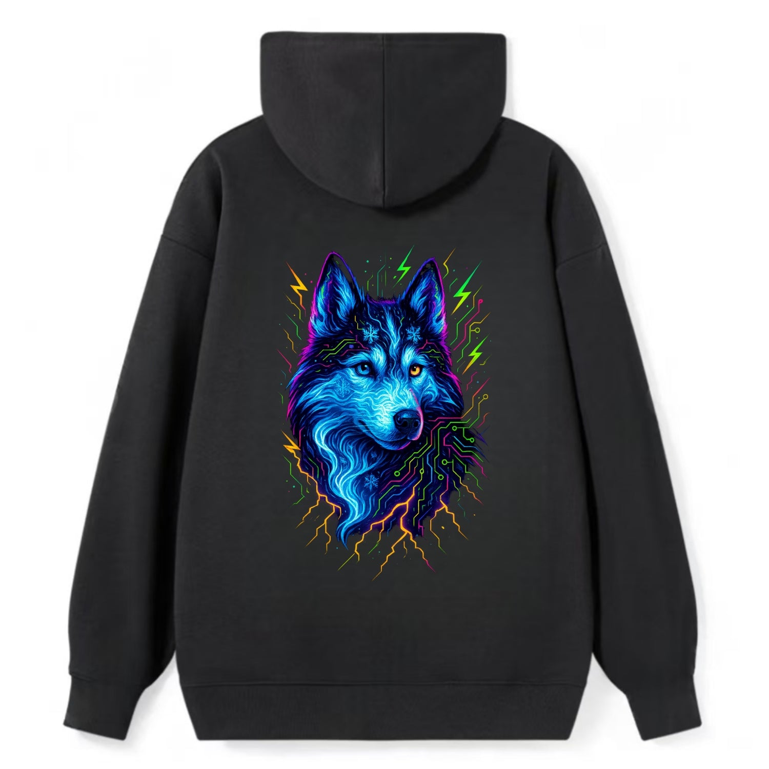 Siberian husky with ice-crystal flowing patterns, electric blue and white - Classic Pullover Hoodie - Black