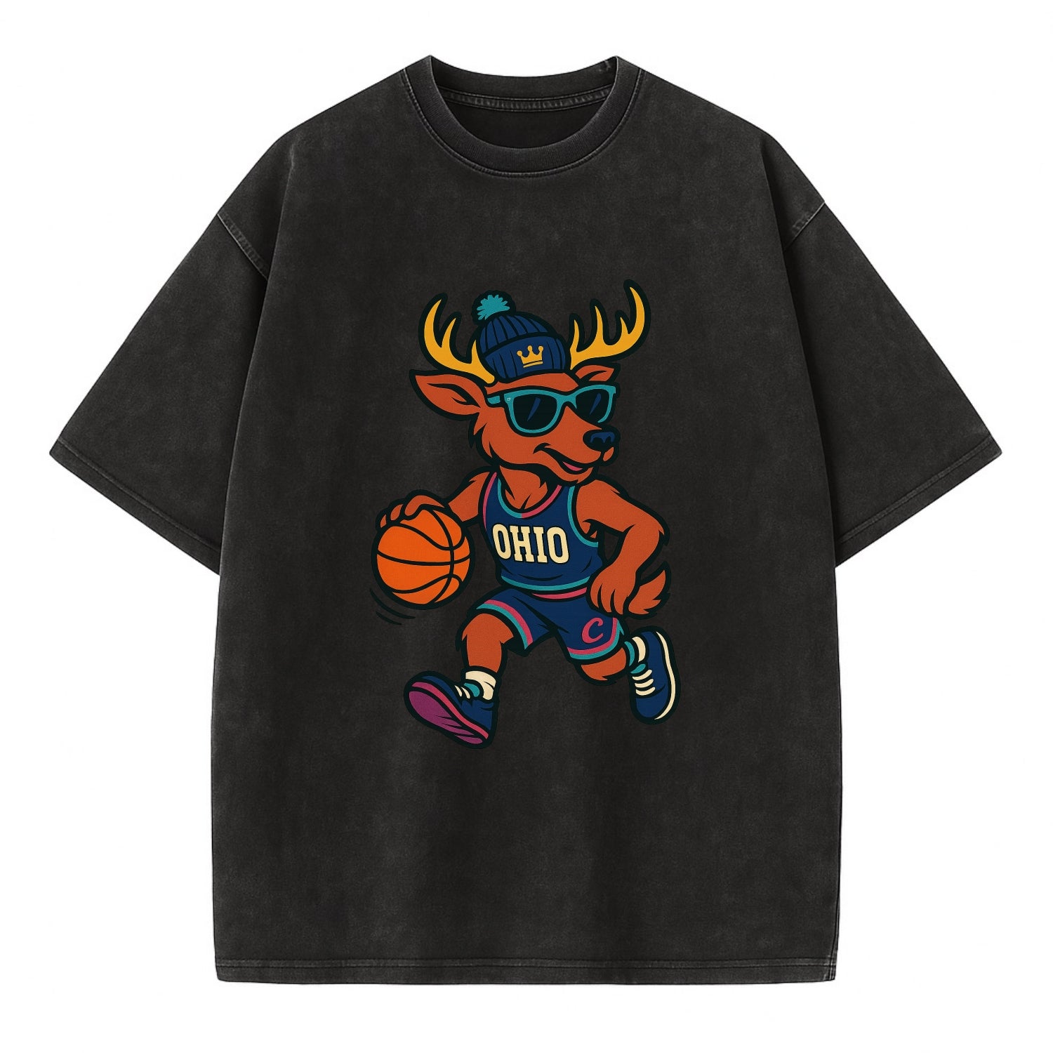 Ohio Deer wearing Cavs beanie with crown patch and wayfarer sunglasses - Vintage T-shirt - Black