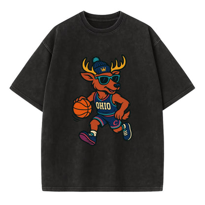 Ohio Deer wearing Cavs beanie with crown patch and wayfarer sunglasses - Vintage T-shirt - Black