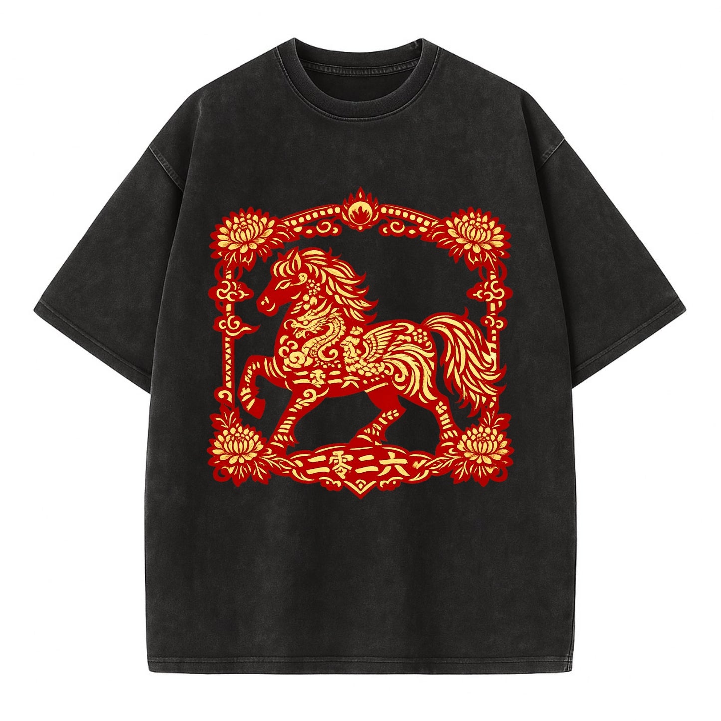 HORSE | Silk style horse design | Gold and silver thread appearance | Phoenix and - Vintage T-shirt - Black
