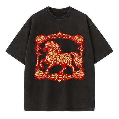 HORSE | Silk style horse design | Gold and silver thread appearance | Phoenix and - Vintage T-shirt - Black