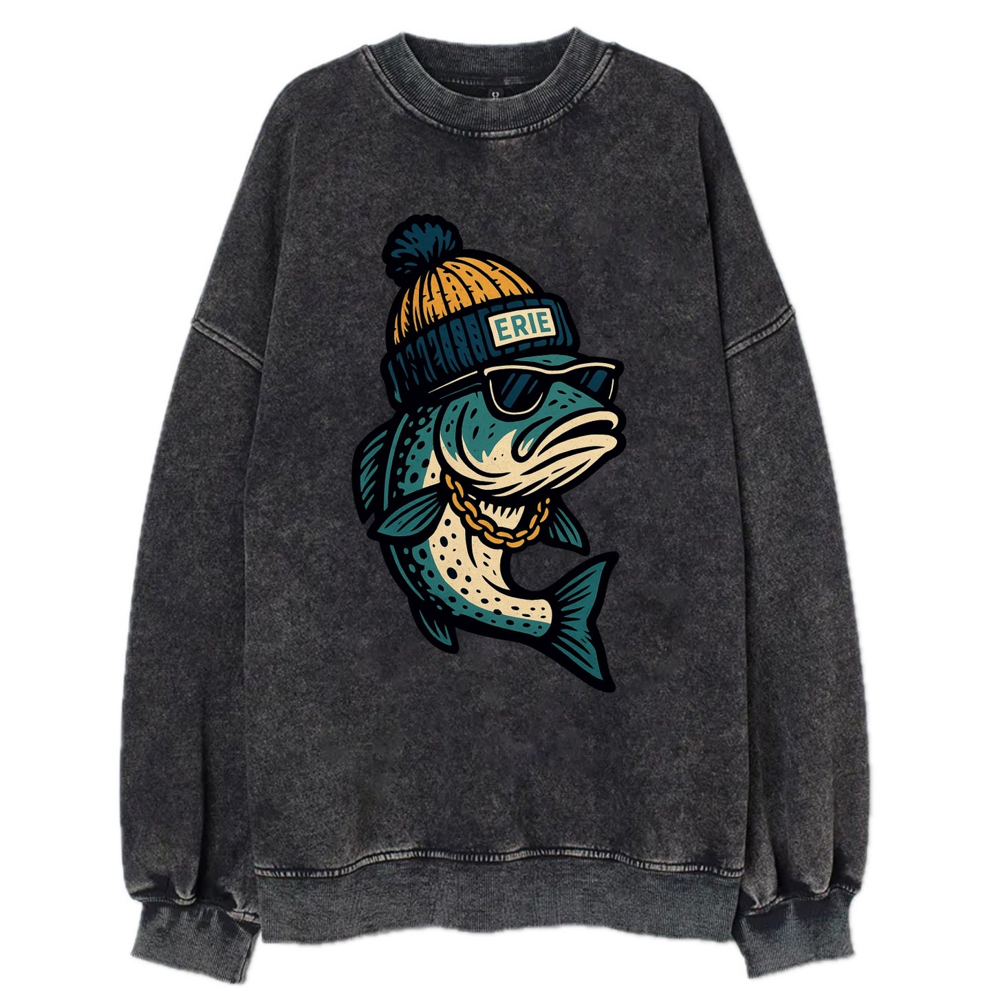 Erie Lake Trout wearing Erie beanie with - Vintage Sweatshirt - Black