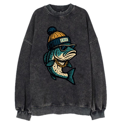 Erie Lake Trout wearing Erie beanie with - Vintage Sweatshirt - Black
