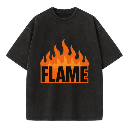 Bold typography design - "FLAME" - burning bright, passionate - Vintage T-shirt - Black