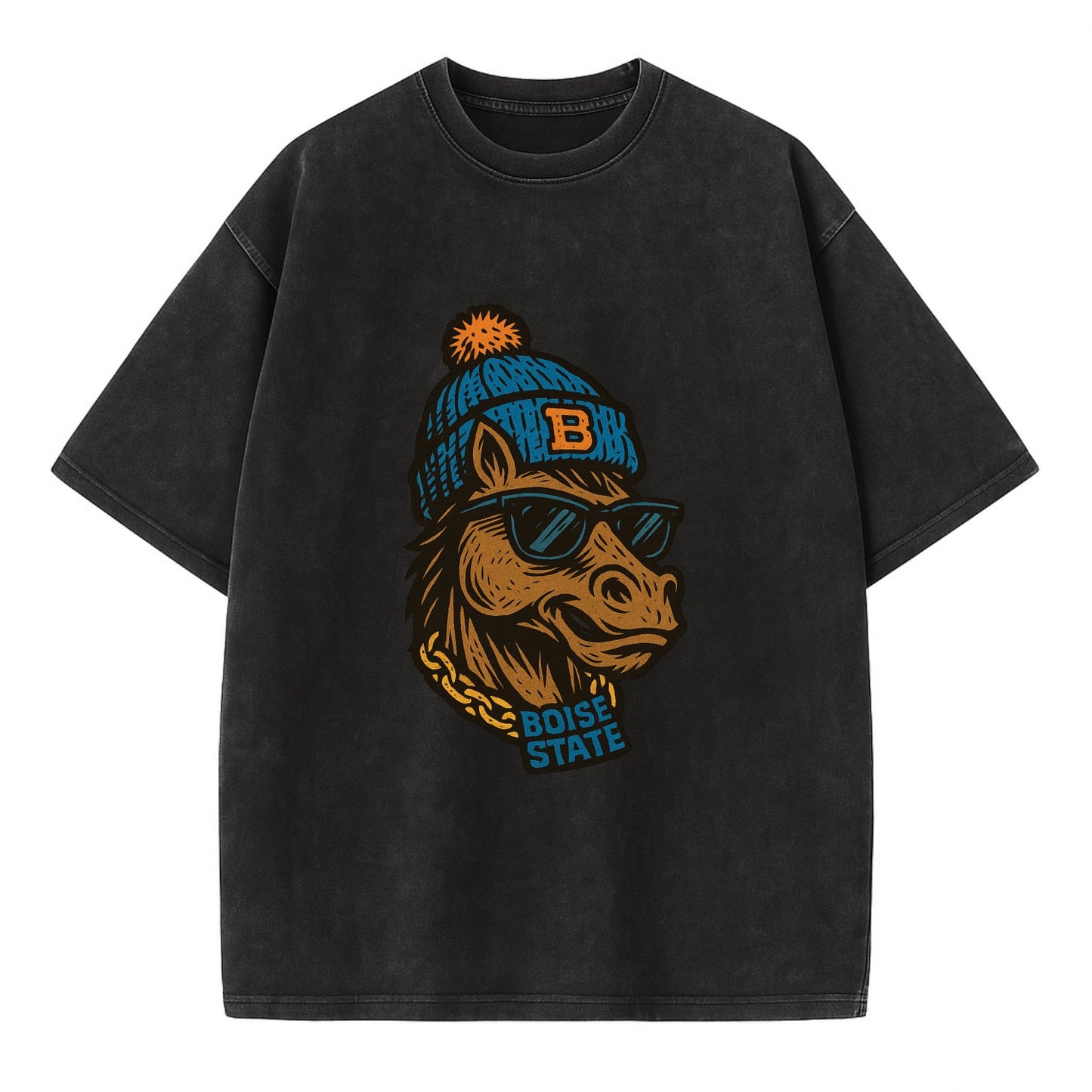 Boise Bronco wearing Boise State beanie with B patch - Vintage T-shirt - Black