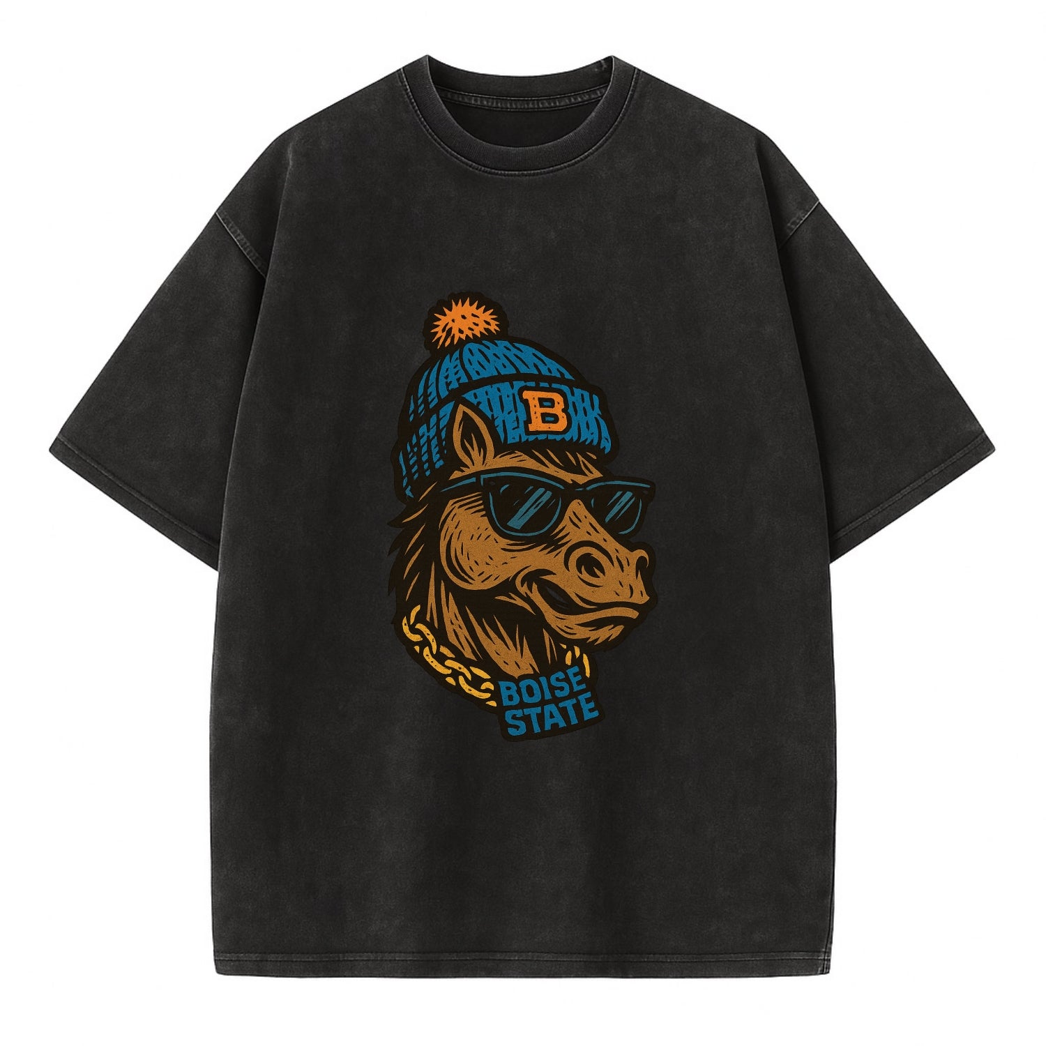 Boise Bronco wearing Boise State beanie with B patch - Vintage T-shirt - Black