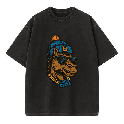 Boise Bronco wearing Boise State beanie with B patch - Vintage T-shirt - Black