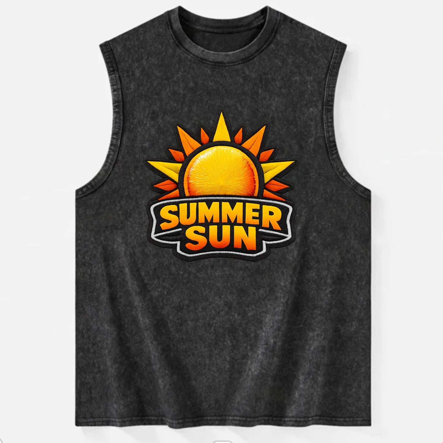 SUMMER SUN - bright sun with rays in yellow and orange , hot season - Vintage Washed Tank - Black