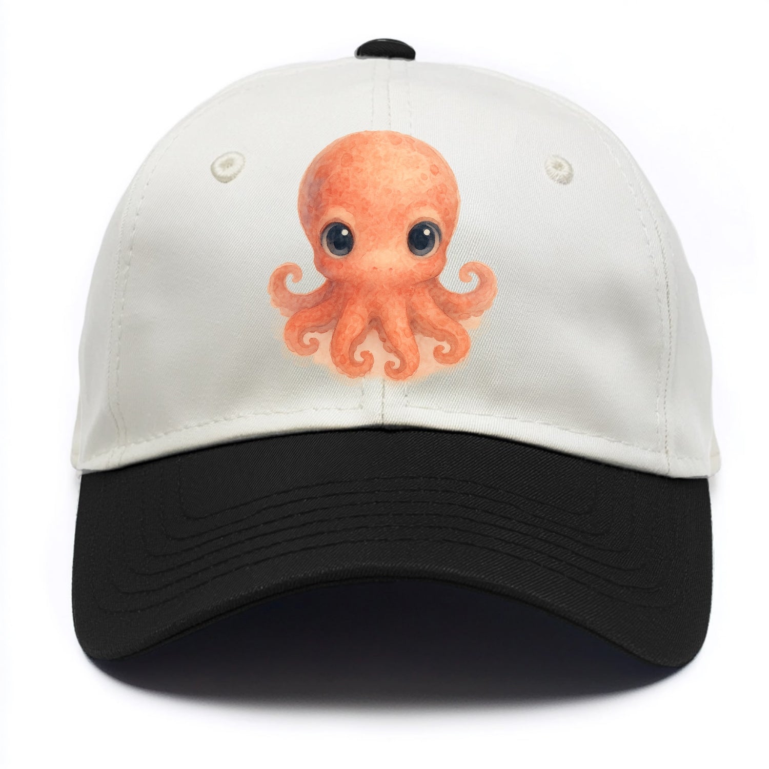 Baby Octopus - red-orange, eight tiny tentacles curled, large intelligent eyes, - Two Tone Cap - Black