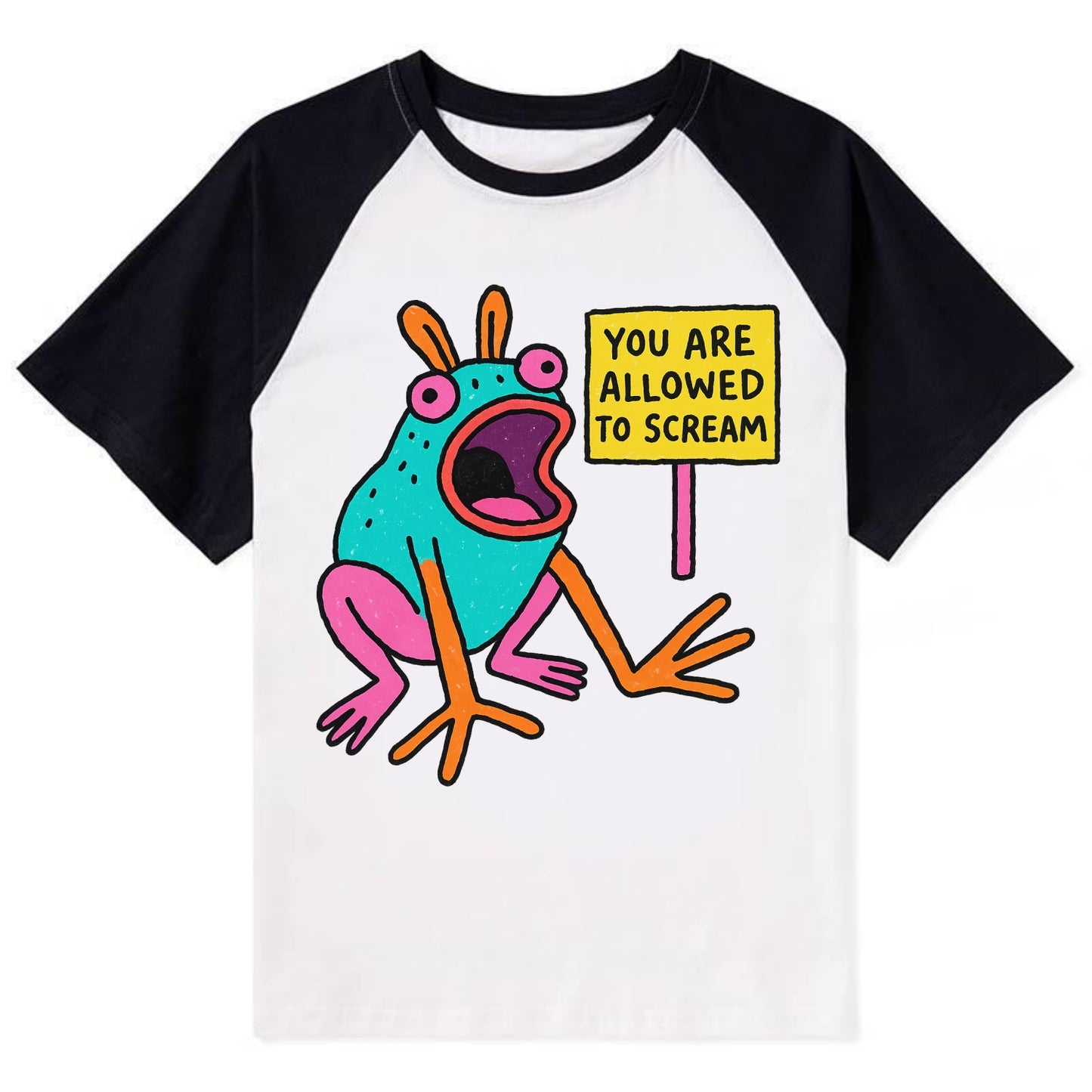 YOU ARE ALLOWED TO SCREAM | Open-mouthed frog - Contrast Raglan T-shirt - Black