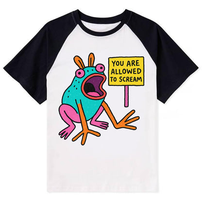 YOU ARE ALLOWED TO SCREAM | Open-mouthed frog - Contrast Raglan T-shirt - Black