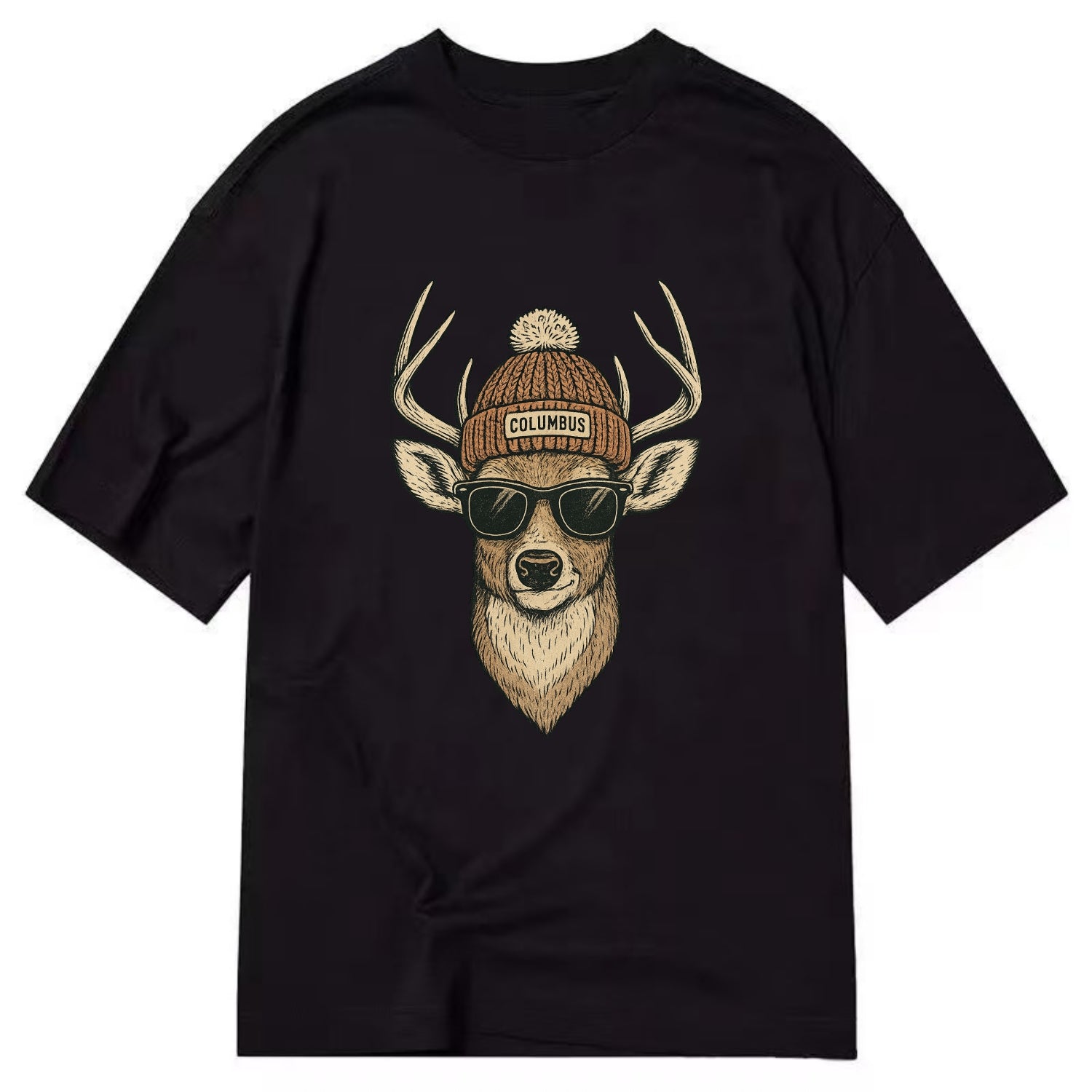 Ohio White-tailed Deer wearing Columbus beanie with pom pom and wayfarer - Classic T-shirt - Black